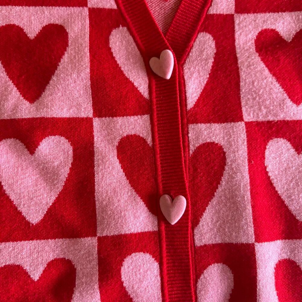 33 Degrees Pink and Red Checkered Heart Pattern Cardigan Sweater Size Large - Picture 2 of 7